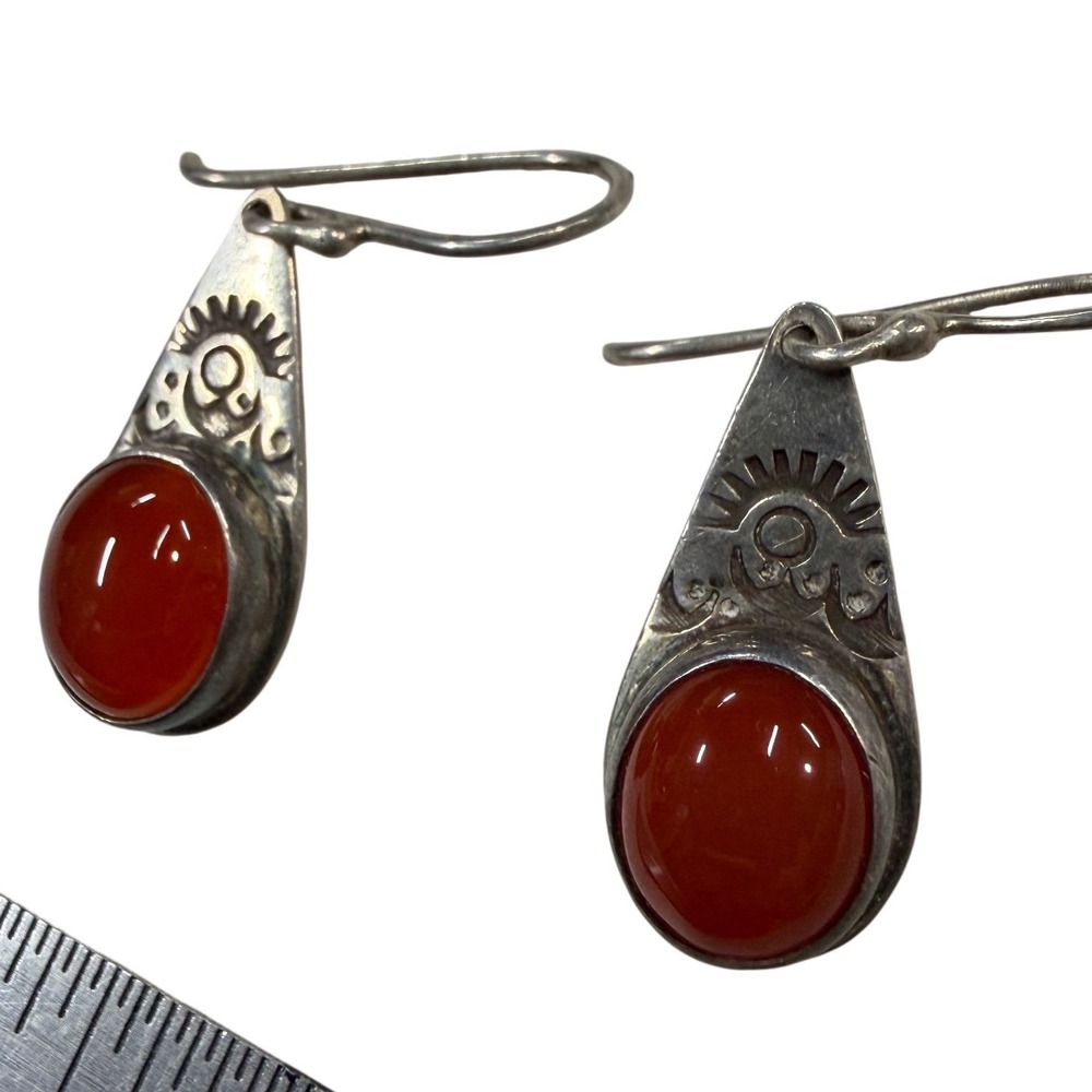 Vintage Sterling Silver Carnelian Stamped Sunburst Coral Teardrop Dangle Earring